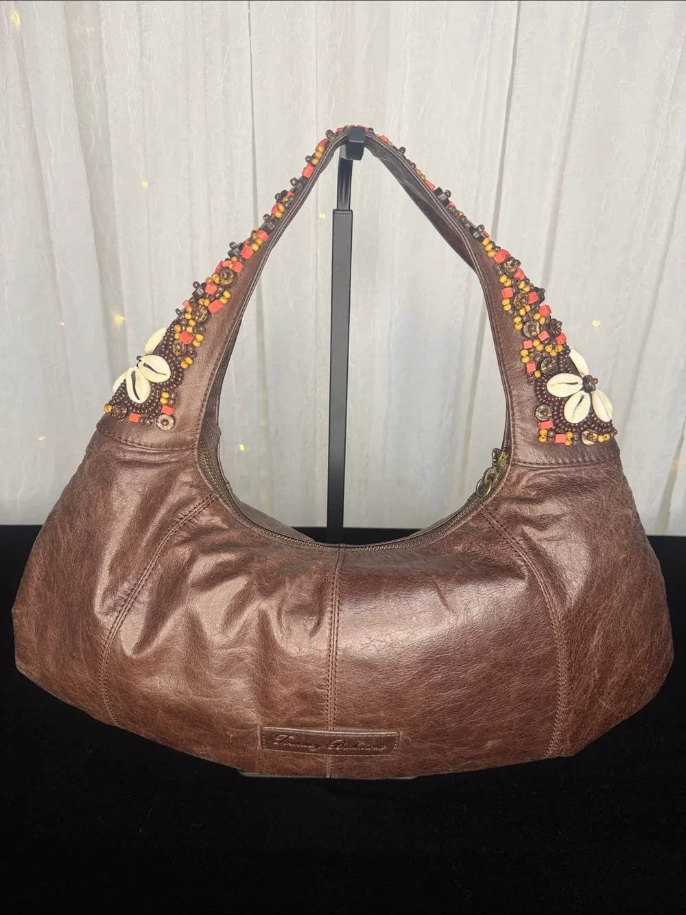 Tommy Bahama Brown Leather Shoulder Bag with Red & Orange Beaded Straps
